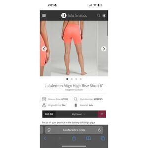 Lululemon ALIGN High Rise Short 6"- Raspberry Cream - 4- NWOT!